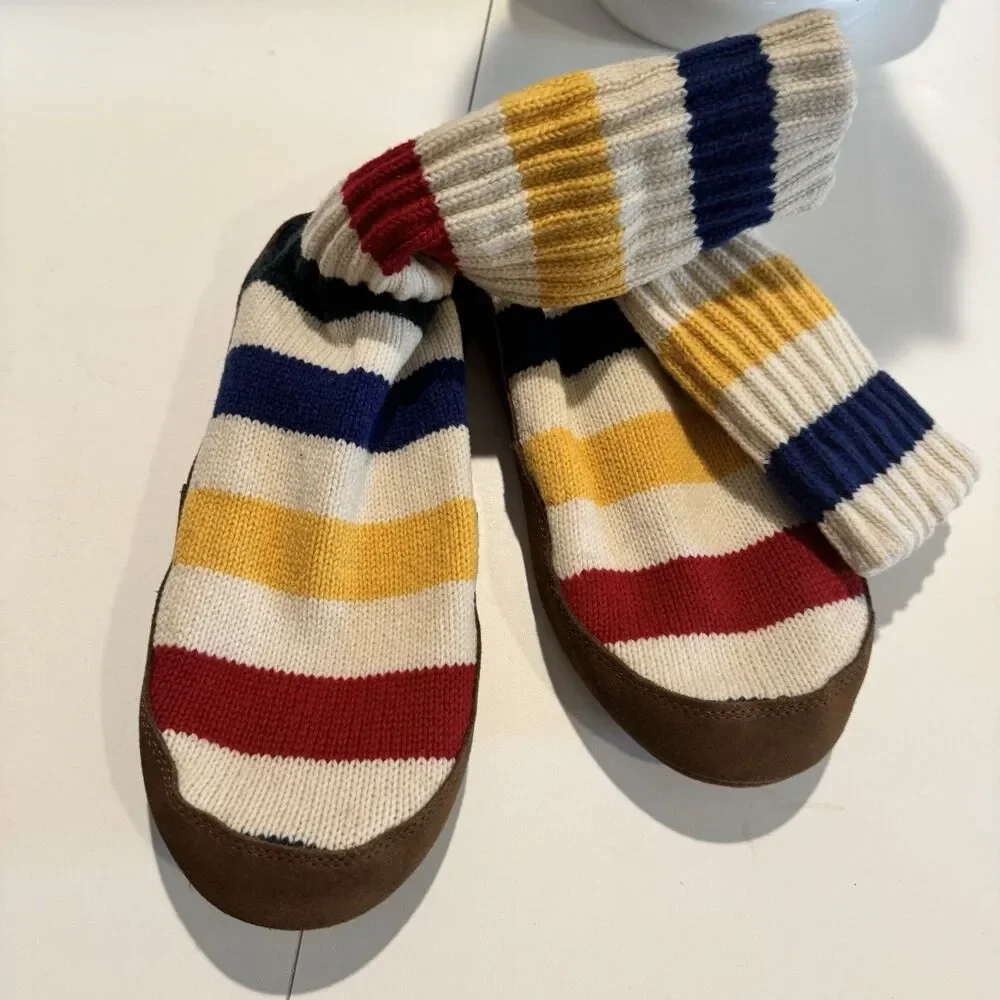 LL Bean Slippers Mens Brown Suede Sock Knit Bootie Multicolor Striped Men’s 9-10